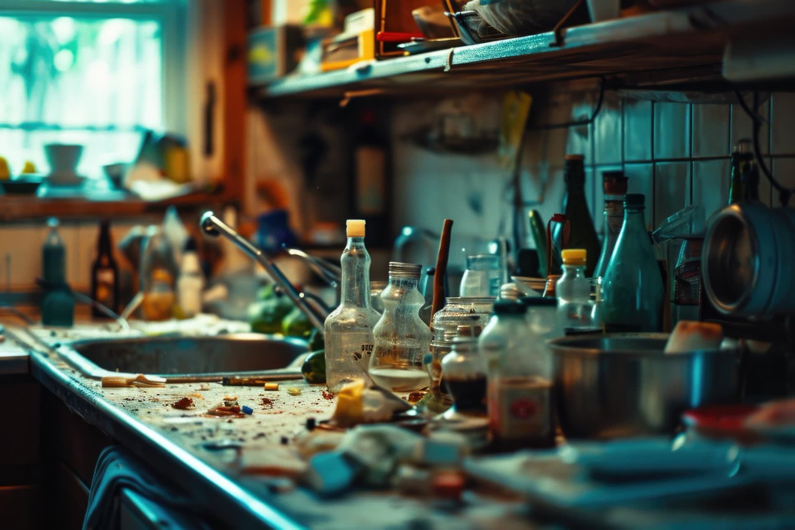 Cluttered kitchen counter with bottles and debris before a deep clean and sanitizing