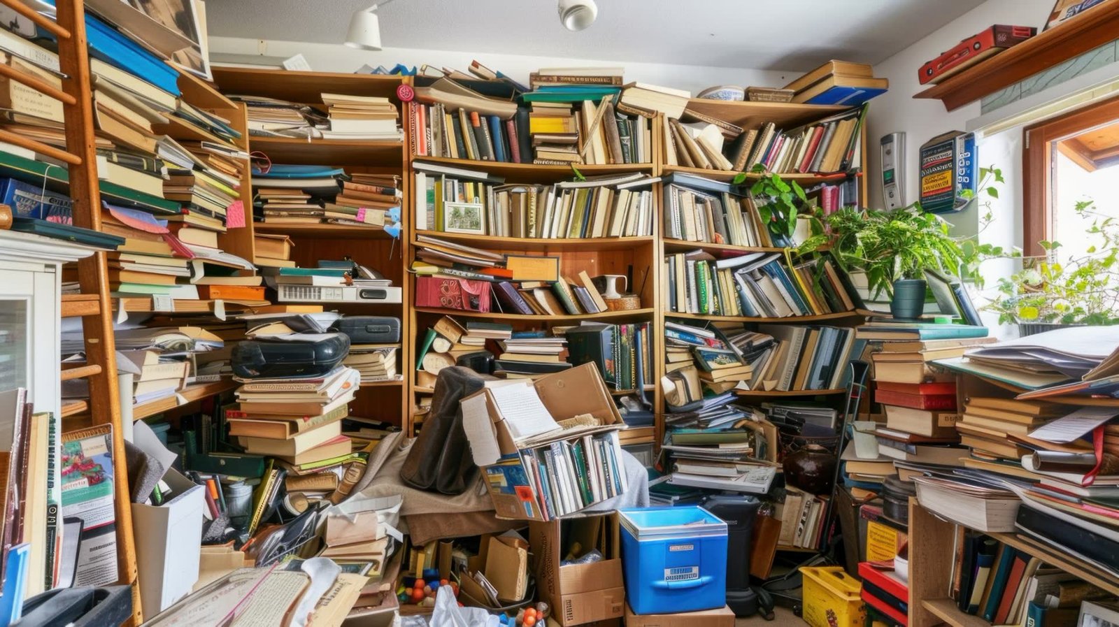 Room crowded with overflowing bookshelves, boxes and stacked papers before a hoarding cleanup